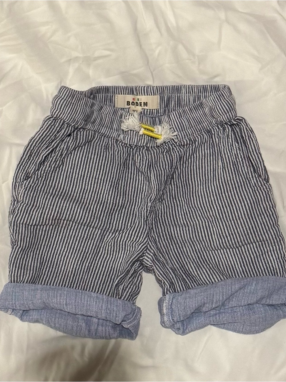 Mini Boden Navy and White Seersucker Stripe Shorts